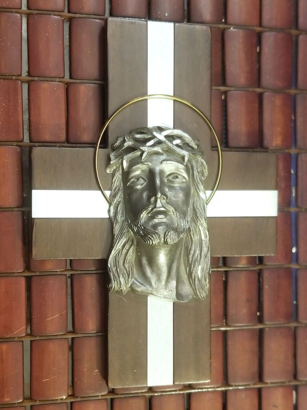 Vintage Crucifix Bust Of Jesus On Cross Pewter w/ Brass Halo 11.25"x7.75"